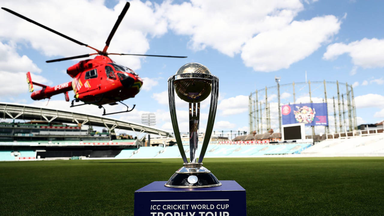 A London Air Ambulance helicopter hovers in the background of the World Cup trophy at The Oval, May 12, 2019