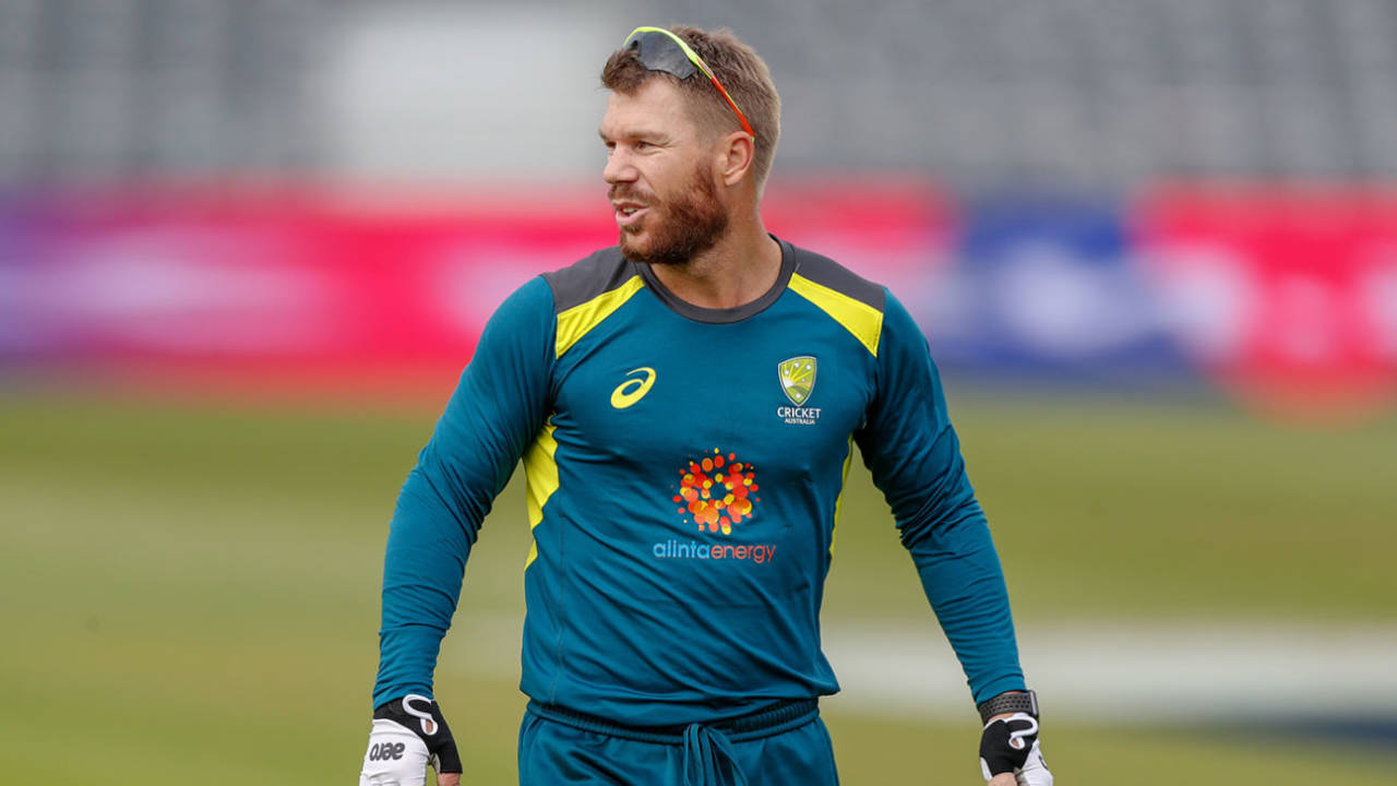David Warner looks on during an Australia nets session at Bristol County Ground, May 30, 2019