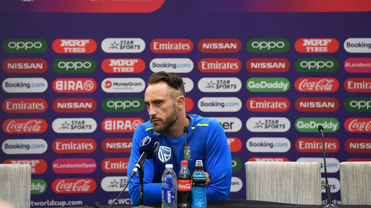 Faf Du Plessis of South Africa addresses the media during the Group Stage match of the ICC Cricket World Cup 2019&nbsp;&nbsp;&bull;&nbsp;&nbsp;Getty Images