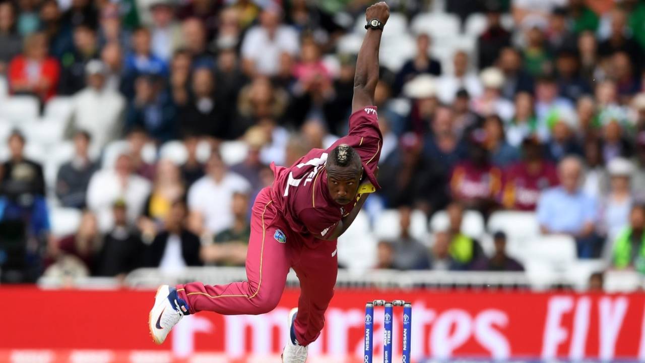 Andre Russell in his delivery follow-through, Pakistan v West Indies, World Cup 2019, Trent Bridge, May 31, 2019