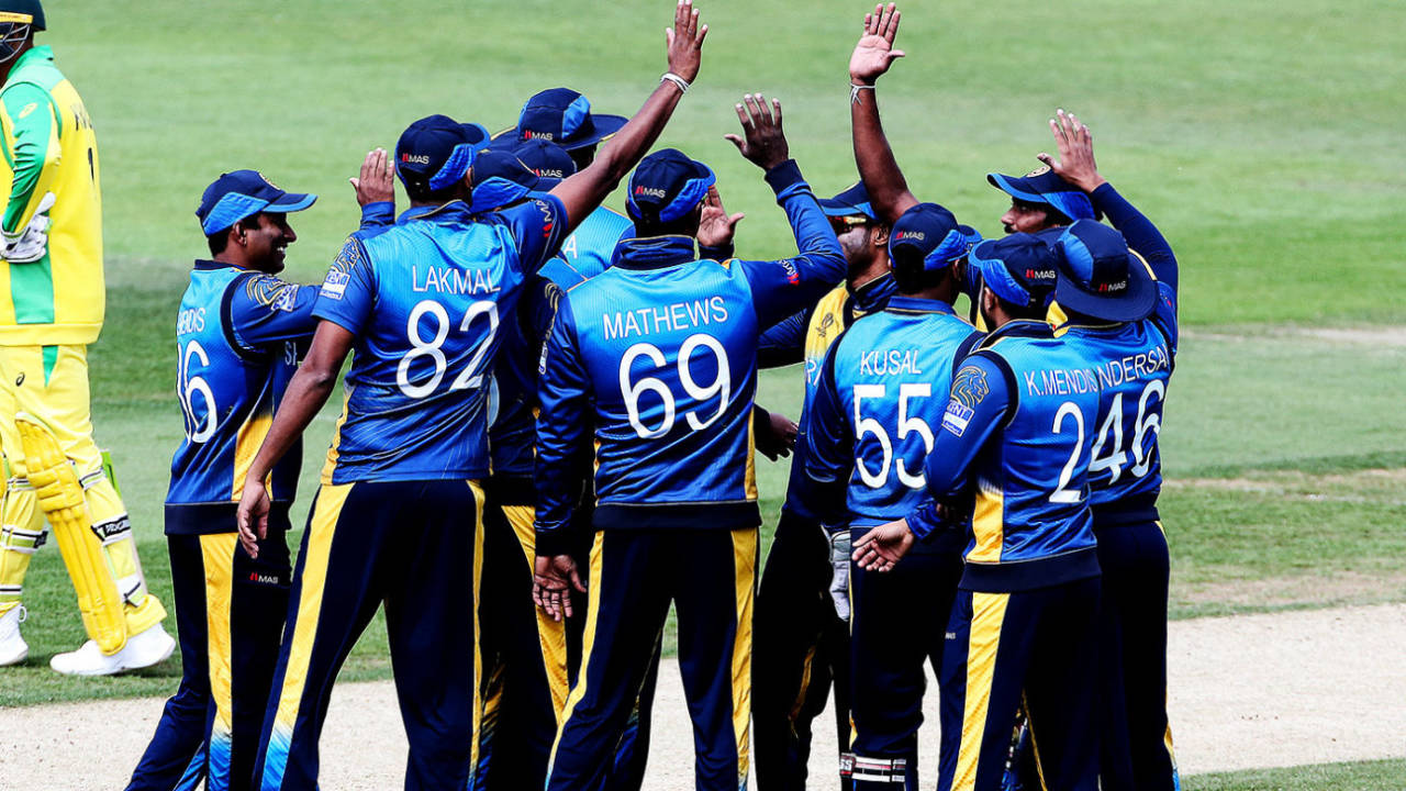 Sri Lankan players celebrate a wicket, Australia v Sri Lanka, World Cup warm-up, Southampton, May 27, 2019
