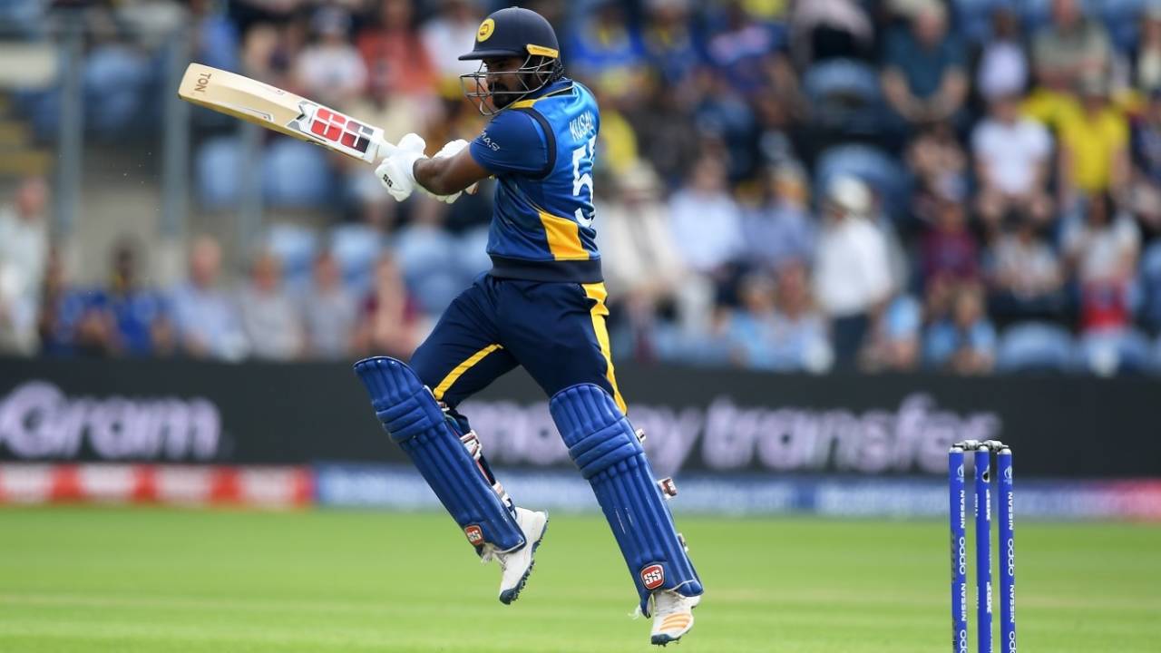 Kusal Perera punches the ball into the off side, New Zealand v Sri Lanka, World Cup 2019, Cardiff, June 1, 2019
