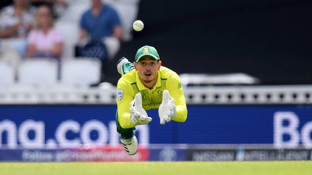 Quinton de Kock dives to take the  catch of Soumya Sarkar, Bangladesh v South Africa, World Cup 2019, The Oval, June 2, 2019