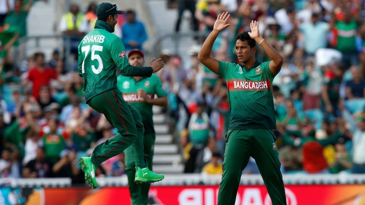 Mohammad Saifuddin celebrates with Shakib Al Hasan after taking Rassi van der Dussen's wicket, Bangladesh v South Africa, World Cup 2019, The Oval, June 2, 2019