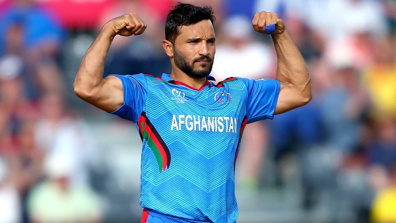 Gulbadin Naib celebrates dismissing Aaron Finch, Afghanistan v Australia, World Cup 2019, Bristol, June 1, 2019