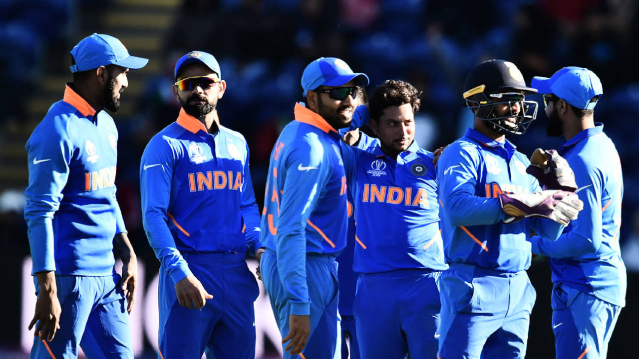 Kuldeep Yadav celebrates a wicket with his team-mates, Bangladesh v India, World Cup 2019 warm-up, Cardiff, May 28, 2019