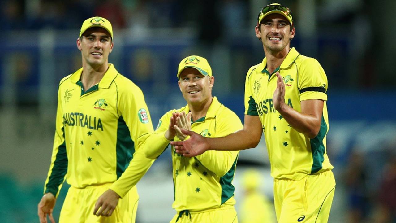 Pat Cummins, David Warner and Mitchell Starc thank the crowd, Australia v India, World Cup 2015, 2nd semi-final, Sydney, March 26, 2015