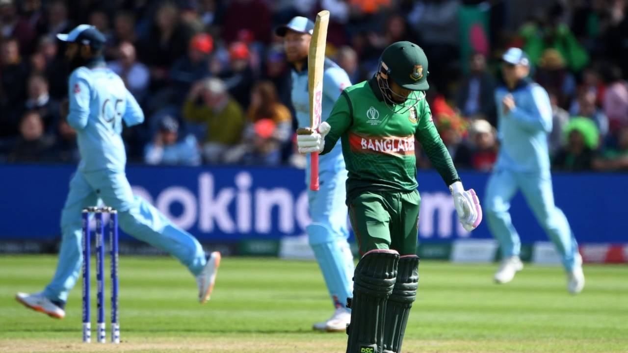 Mushfiqur Rahim reacts as he walks back to the pavilion after his dismissal, England v Bangladesh, World Cup 2019, Cardiff, June 8, 2019