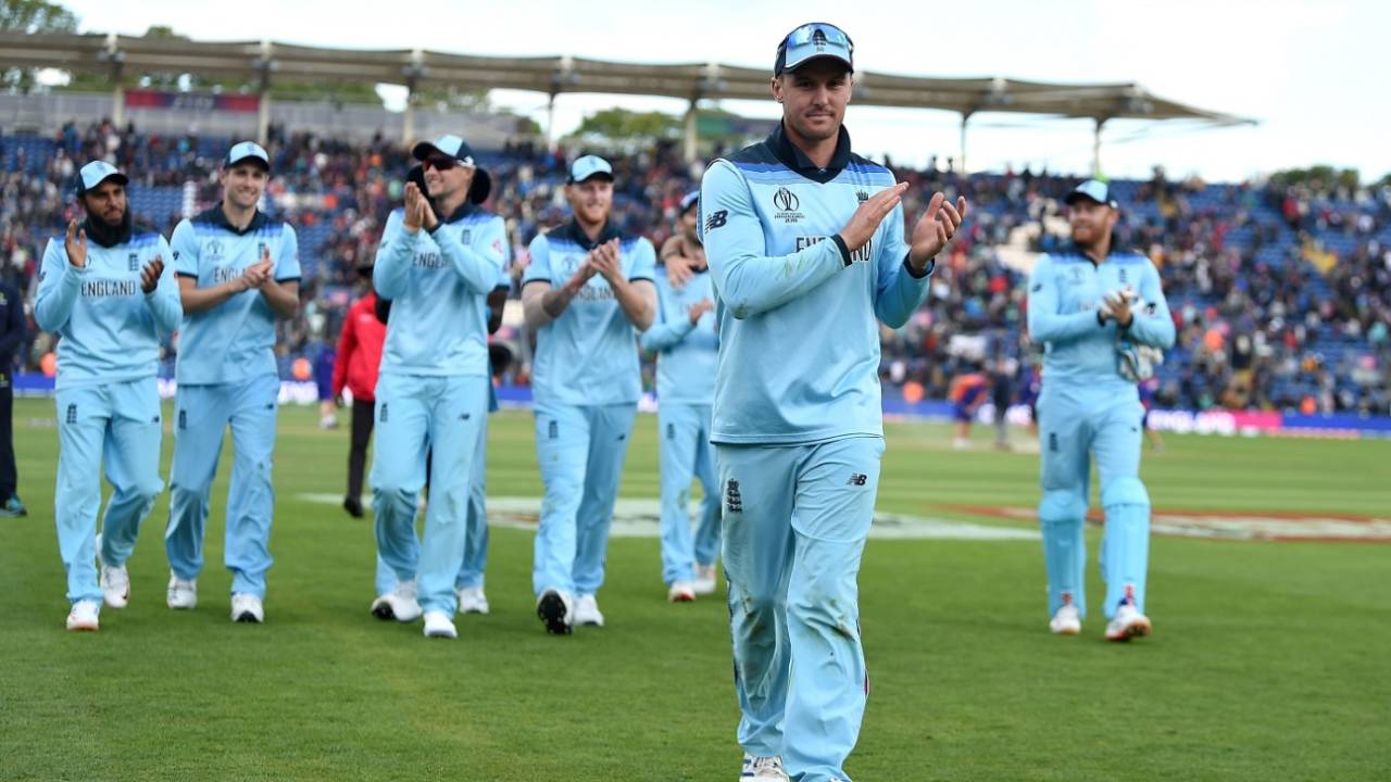 Jason Roy leads his team from the field after victory against Bangaladesh&nbsp;&nbsp;&bull;&nbsp;&nbsp;Getty Images