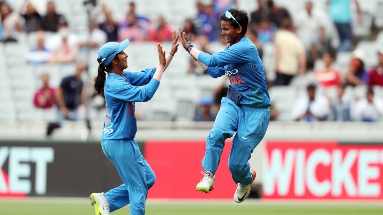 Jemimah Rodrigues and Deepti Sharma celebrate a wicket