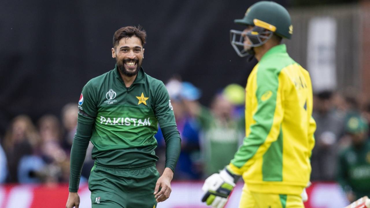 Mohammad Amir smiles after dismissing Usman Khawaja, Australia v Pakistan, World Cup 2019, Taunton, June 12, 2019