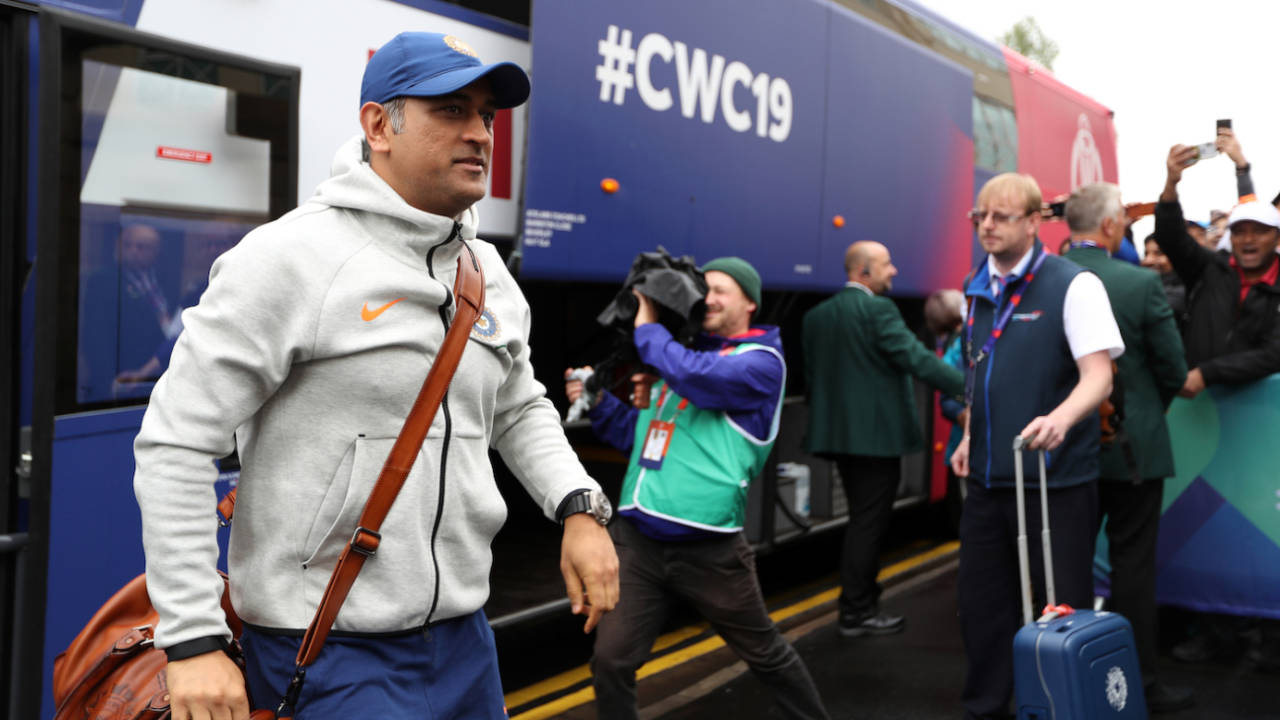 MS Dhoni walks out of the team bus, India v New Zealand, World Cup 2019, Trent Bridge, June 13, 2019