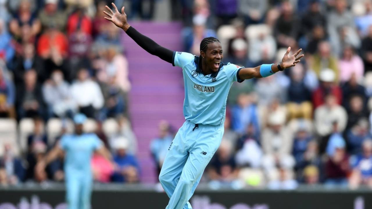 Jofra Archer appeals for the wicket of Carlos Braithwaite, England v West Indies, World Cup 2019,  Southampton, June 14, 2019