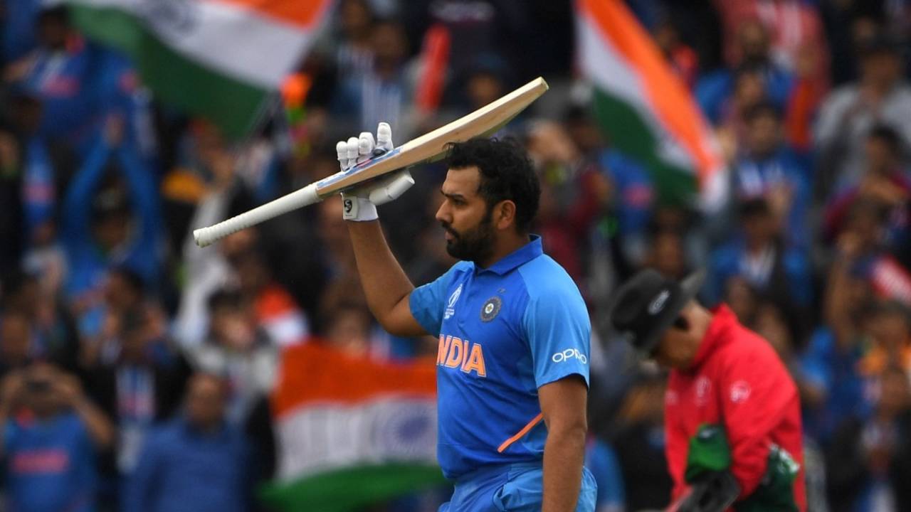 Rohit Sharma celebrates his hundred, India v Pakistan, World Cup 2019, Manchester, June 16, 2019