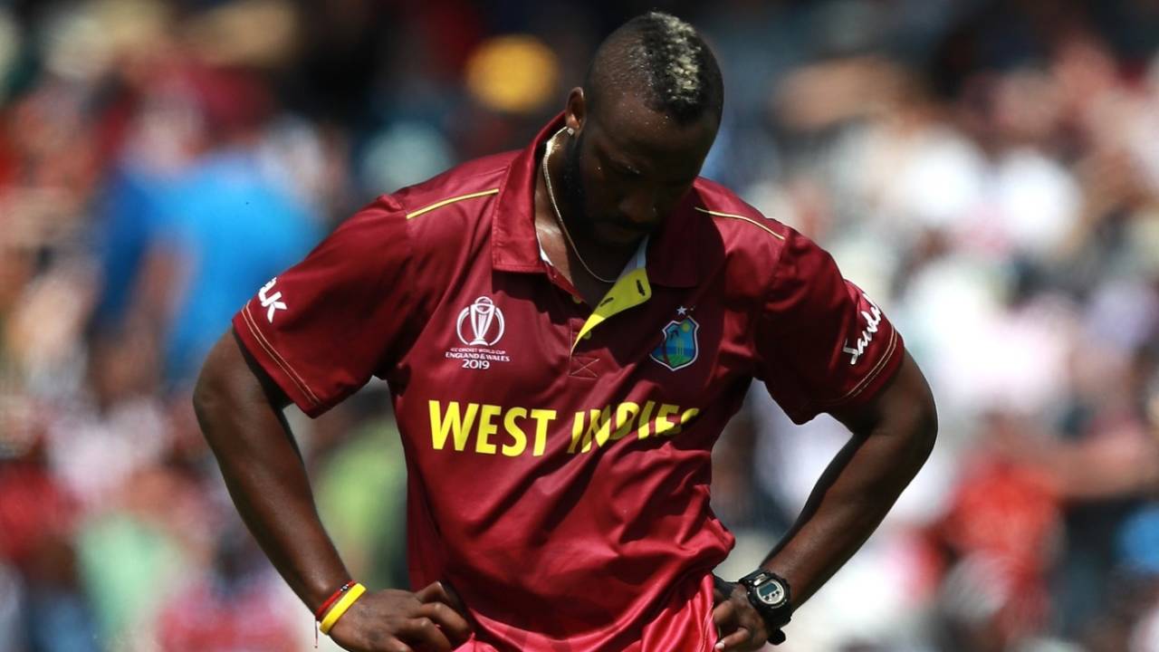 A downcast Andre Russell ponders his options, Australia v West Indies, World Cup 2019, Trent Bridge, June 6, 2019