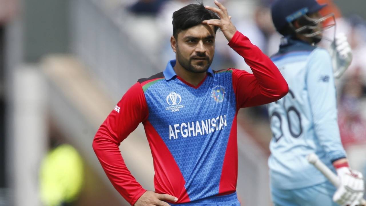 Rashid Khan looks on, England v Afghanistan, World Cup 2019, Manchester, June 18, 2019