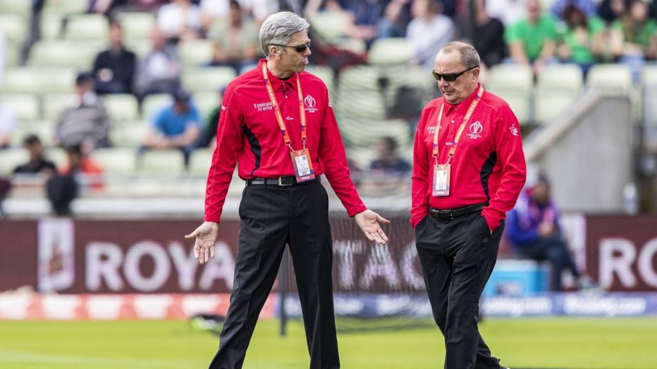 Umpires Nigel Llong and Ian Gould make a pitch inspection, South Africa v New Zealand, World Cup 2019, Birmingham, June 19, 2019