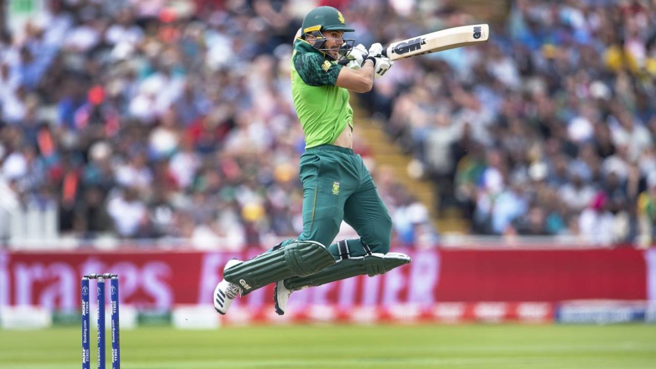 Aiden Markram takes flight as he plays a shot, South Africa v New Zealand, World Cup 2019, Birmingham, June 19, 2019