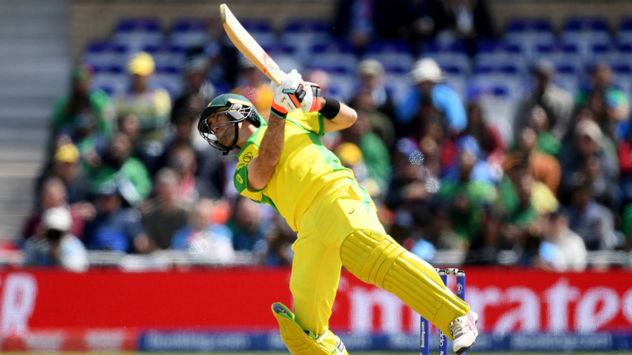 Glenn Maxwell almost throws himself off his feet, Australia v Bangladesh, World Cup 2019, Trent Bridge, June 20, 2019