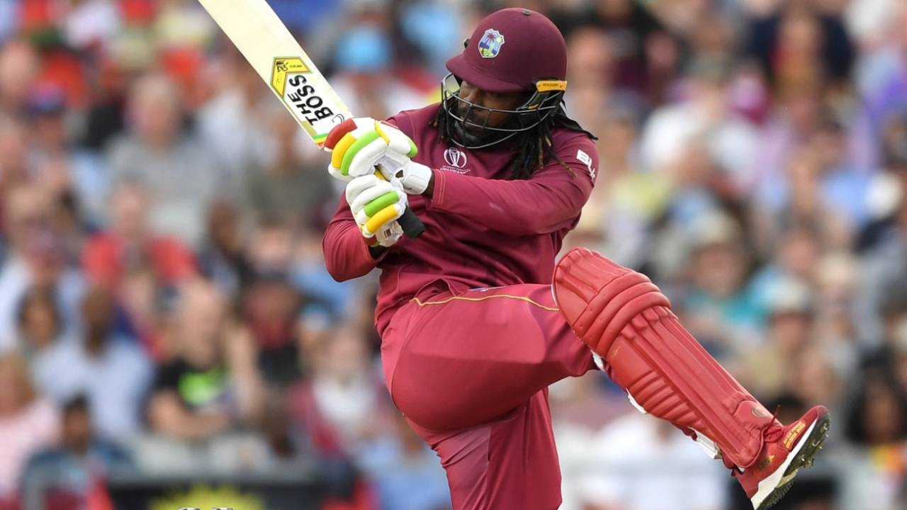 Chris Gayle plays a pull shot, New Zealand v West Indies, World Cup 2019, Manchester, June 22, 2019