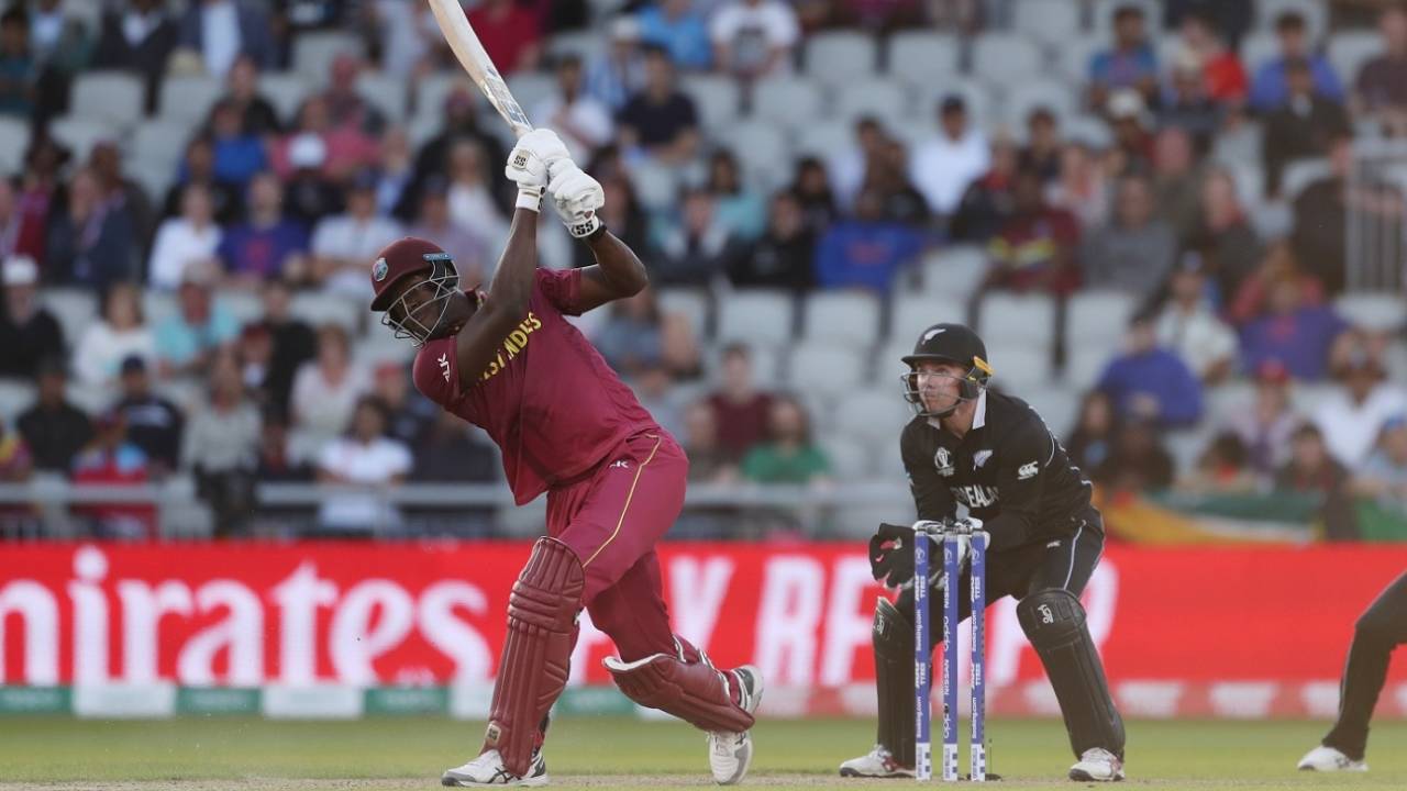 Carlos Brathwaite plays a shot through the onside, New Zealand v West Indies, World Cup 2019, Manchester, June 22, 2019