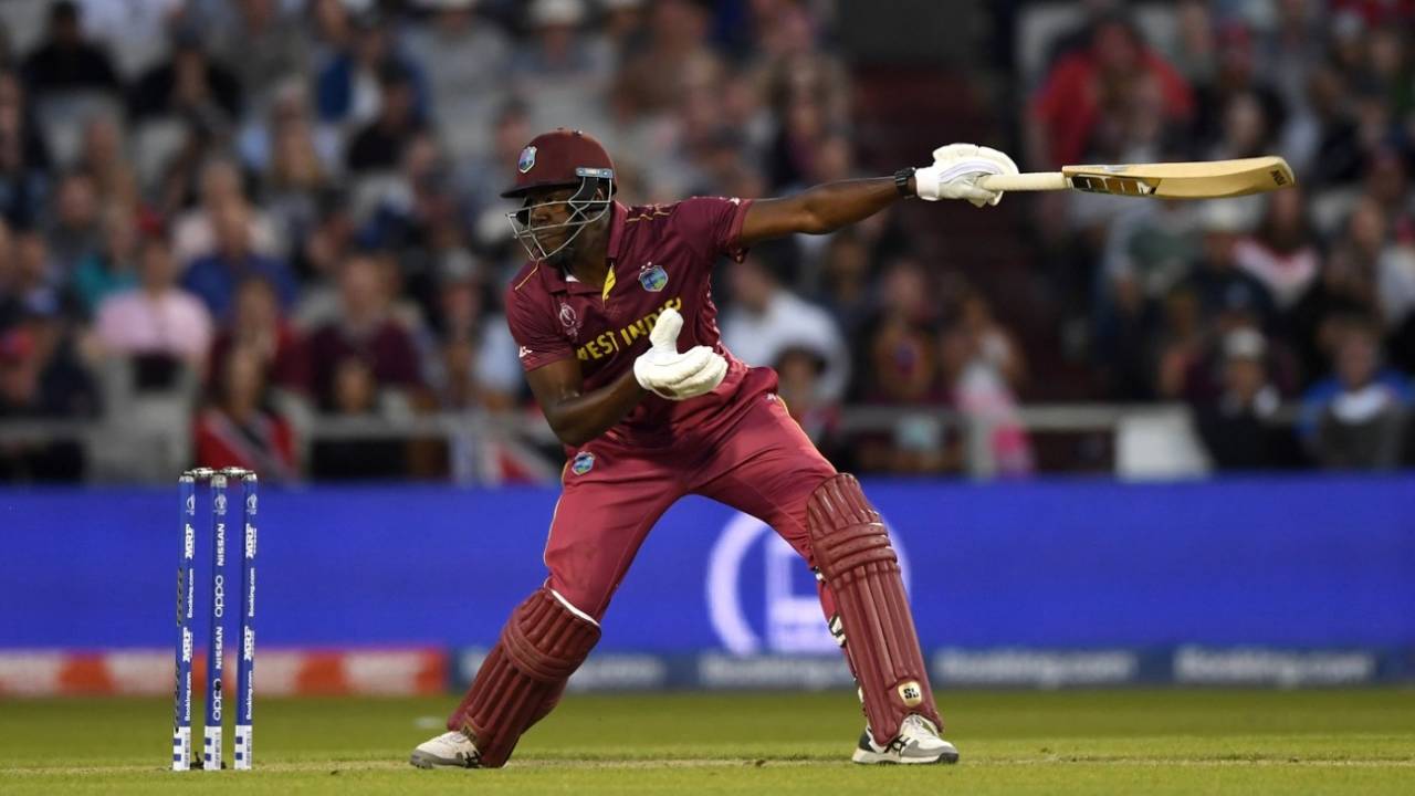 Carlos Brathwaite smashes a six over point, New Zealand v West Indies, World Cup 2019, Manchester, June 22, 2019