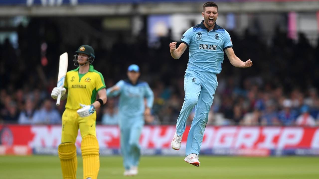 Mark Wood celebrates after dismissing Glenn Maxwell, England v Australia, World Cup 2019, Lord's, June 25, 2019