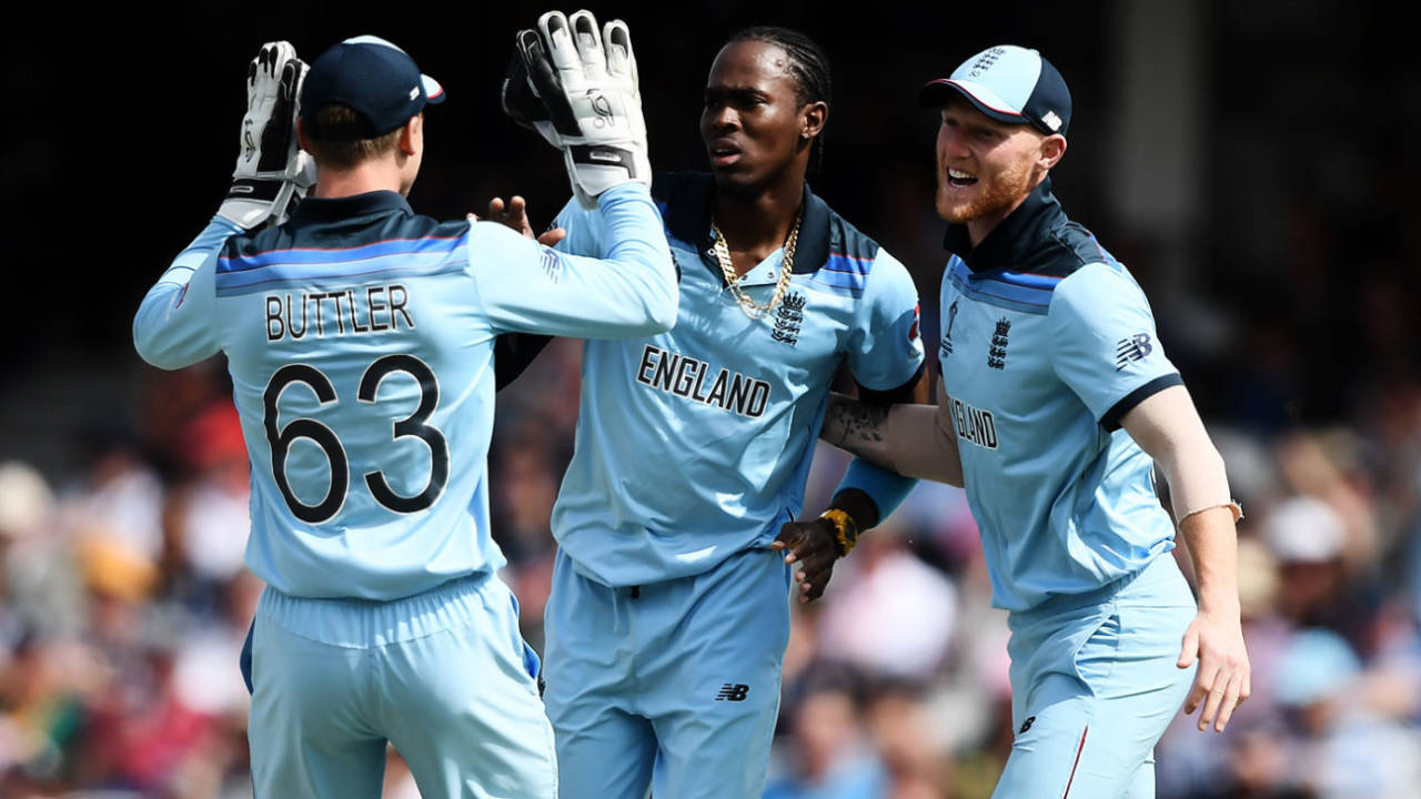 Jofra Archer celebrates a wicket with Jos Buttler and Ben Stokes, England v South Africa, World Cup, Lord's May 30, 2019