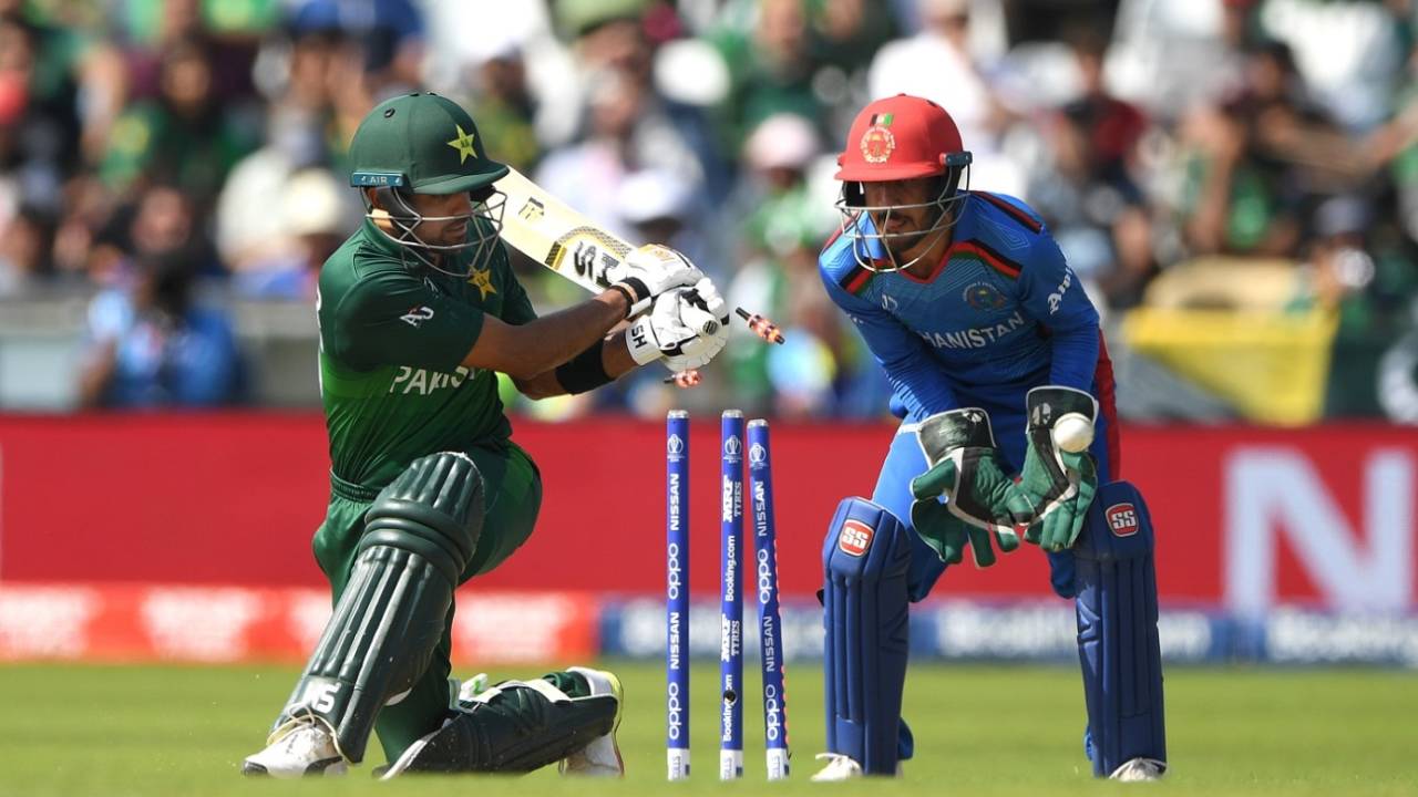 Babar Azam is bowled by Mohammad Nabi as Ikram Alikhil looks on, Afghanistan v Pakistan, World Cup 2019, Headingley, June 29, 2019