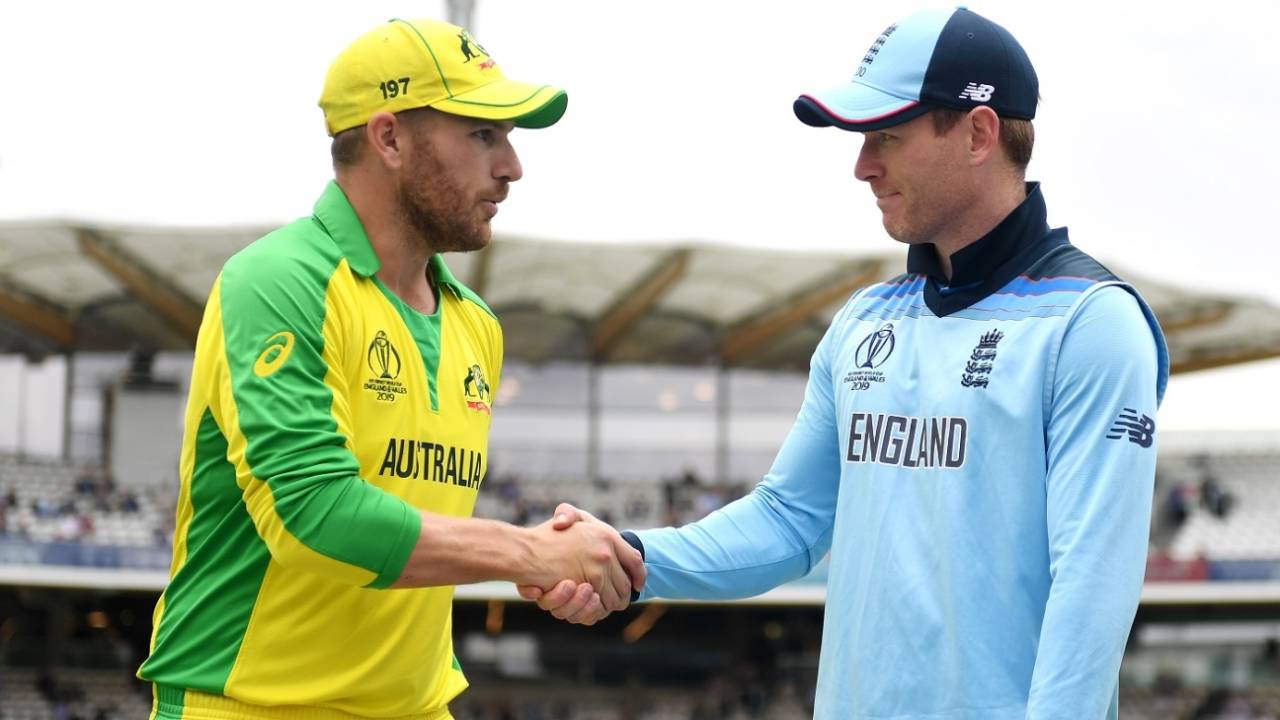 Aaron Finch and Eoin Morgan shake hands after the latter won the toss, England v Australia, World Cup 2019, Lord's, June 25, 2019
