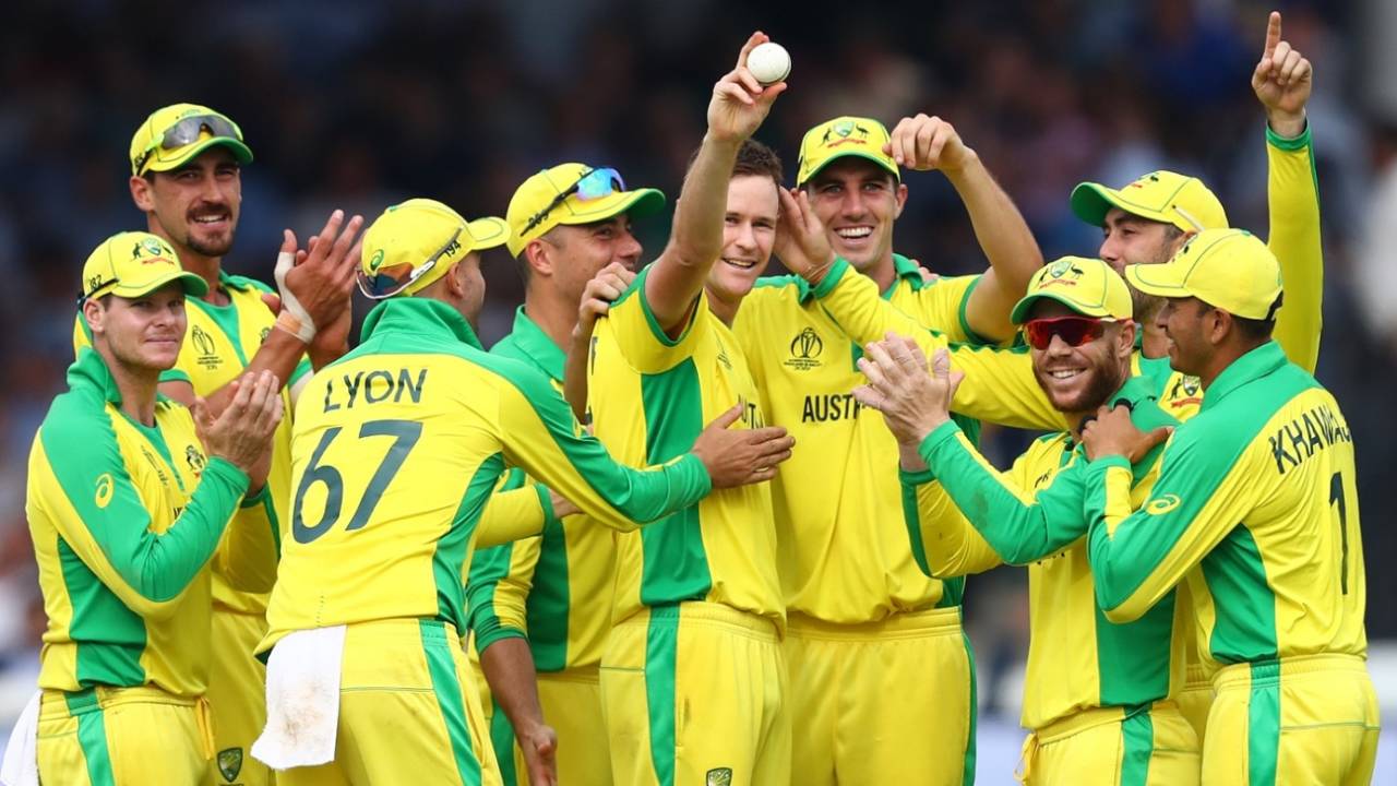 Jason Behrendorff's holds up the ball after taking his fifth wicket, England v Australia, World Cup 2019, Lord's, June 25, 2019
