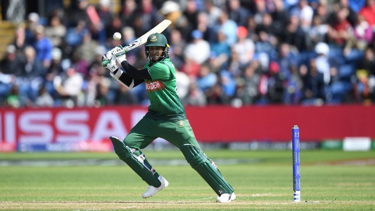 Shakib Al Hasan cuts one away on his way to a half-century, England v Bangladesh, World Cup 2019, Cardiff, June 8, 2019