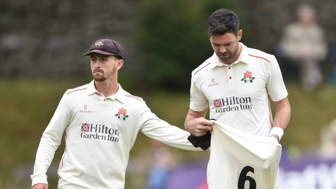 Josh Bohannon looks on as James Anderson walks off injured, Lancashire v Durham, County Championship Division Two, Sedbergh, July 02, 2019