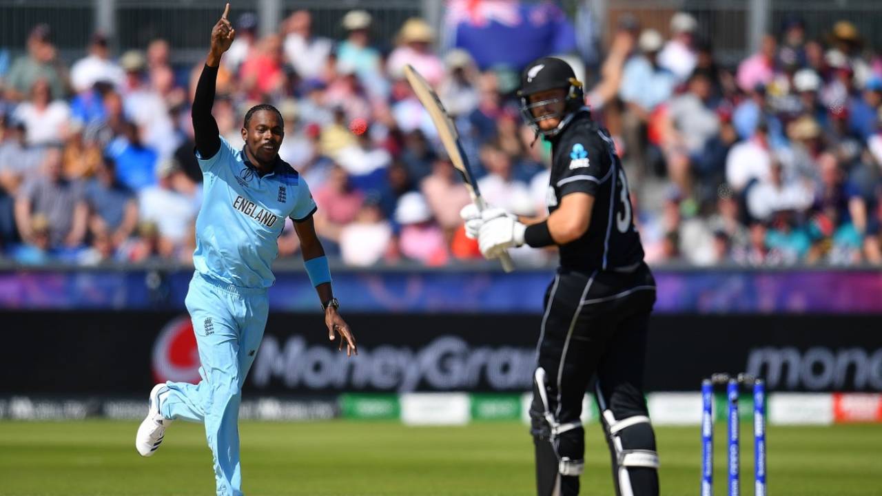 Jofra Archer celebrates as Martin Guptill is caught behind, England v New Zealand, World Cup 2019, Chester-le-Street, July 3, 2019