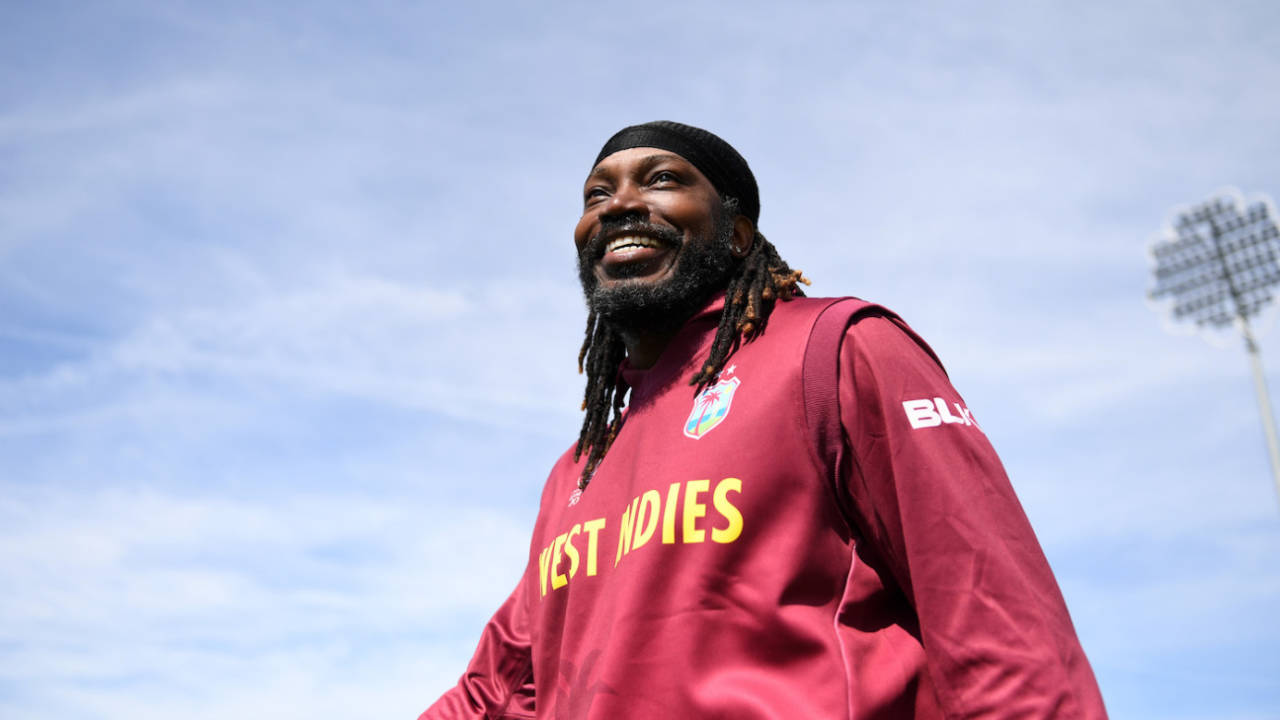 Chris Gayle walks out with a smile, Afghanistan v West Indies, World Cup 2019, Headingley, July 4, 2019