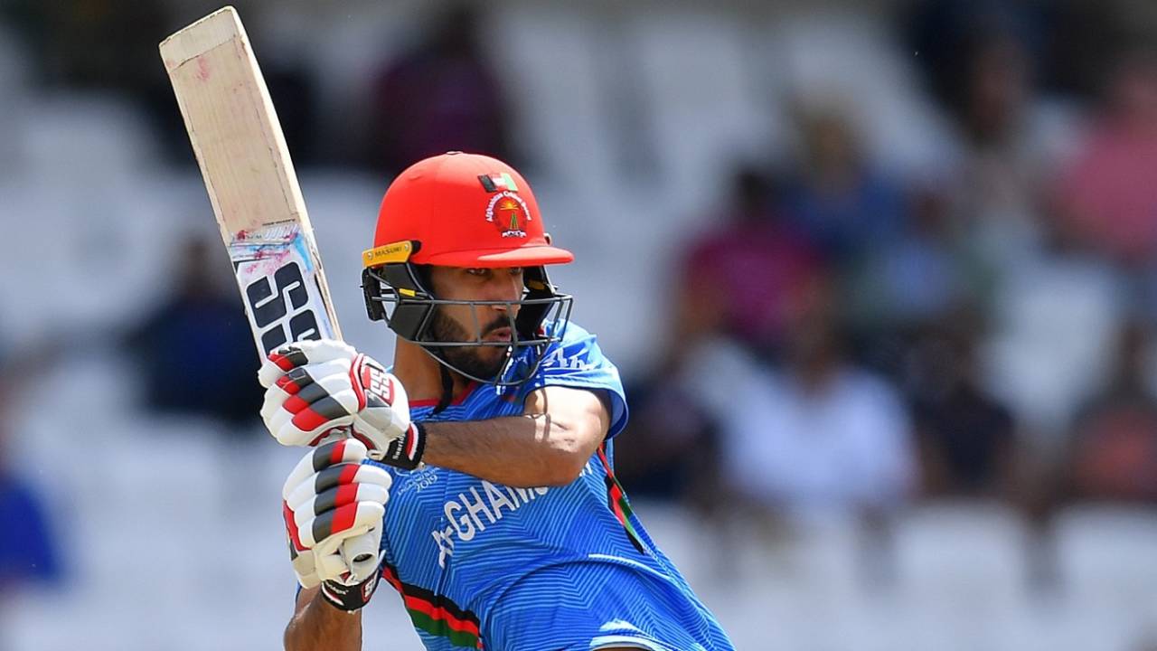 Ikram Alikhil plays a stylish pull shot, Afghanistan v West Indies. World Cup 2019, Headingley, July 4, 2019
