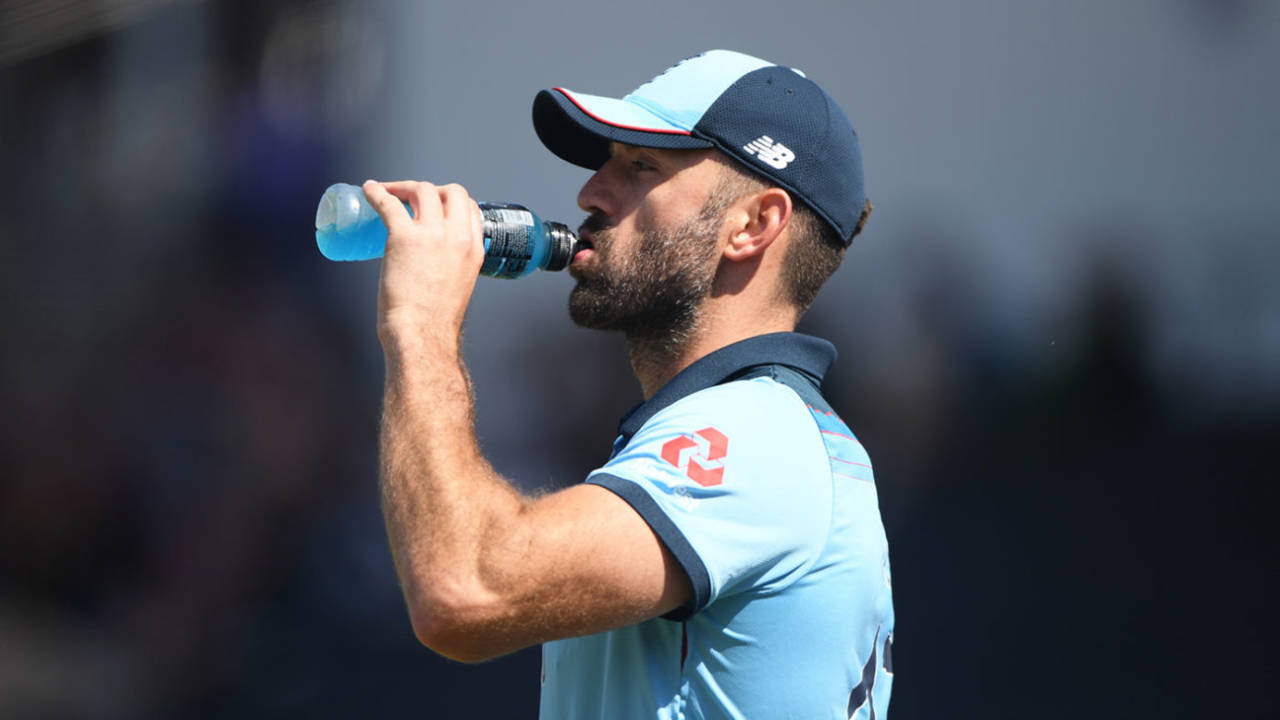 Liam Plunkett takes a drinks break, England v New Zealand, World Cup 2019, Chester-le-Street, July 3, 2019