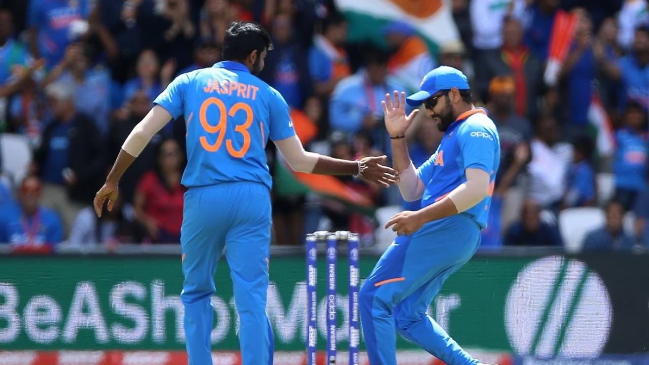 Rohit Sharma and Jasprit Bumrah celebrate the dismissal of Angelo Mathews, India v Sri Lanka, World Cup 2019, Leeds, July 6, 2019
