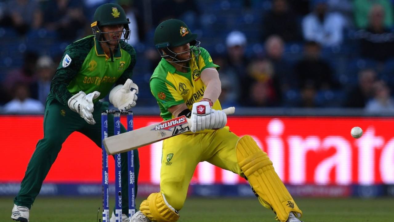 David Warner attempts a reverse sweep, Australia v South Africa, World Cup 2019, Old Trafford, July 6, 2019