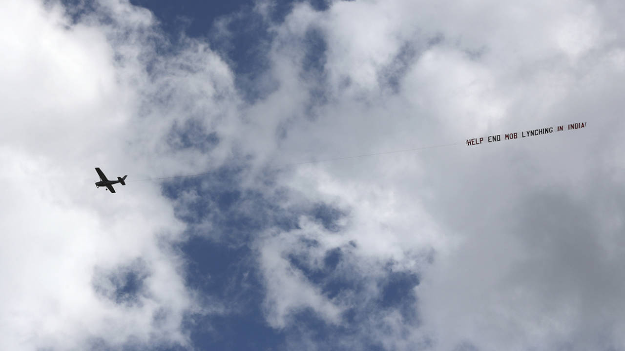 A plane tows a banner carrying a political message during India's chase at Headingley&nbsp;&nbsp;&bull;&nbsp;&nbsp;Aijaz Rahi/Associated Press