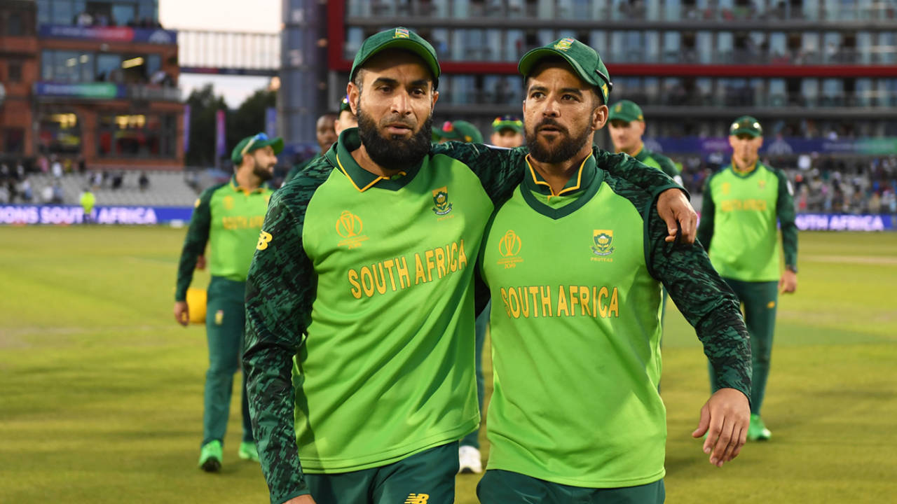 Imran Tahir and JP Duminy leave the field arm-in-arm after their final ODIs, Australia v South Africa, World Cup 2019, Old Trafford, July 6, 2019