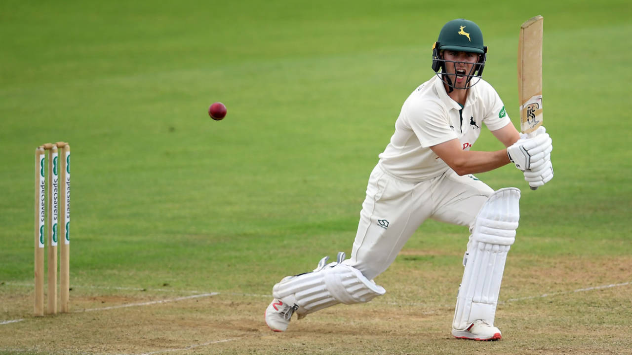 Jake Libby gets well forward, Somerset v Nottinghamshire, County Championship, Taunton, 1st day, July 8, 2019