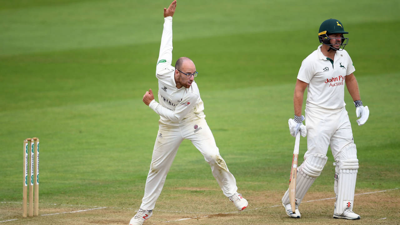 Jack Leach bowls from over the wicket, Somerset v Nottinghamshire, County Championship, 2nd day, July 8, 2019
