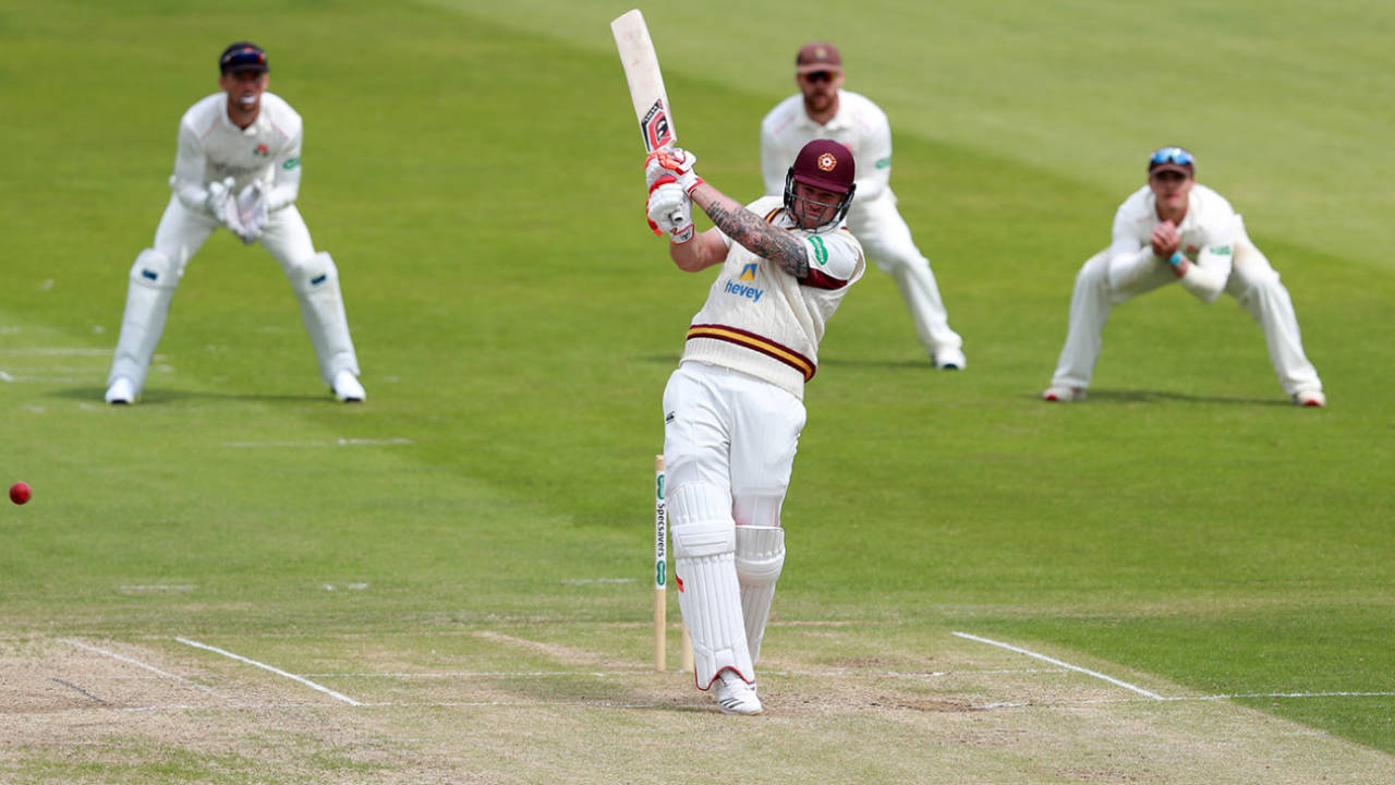 Matt Coles launches his signature pull shot, Northamptonshire v Lancashire, County Championship, 2nd day, July 8, 2019