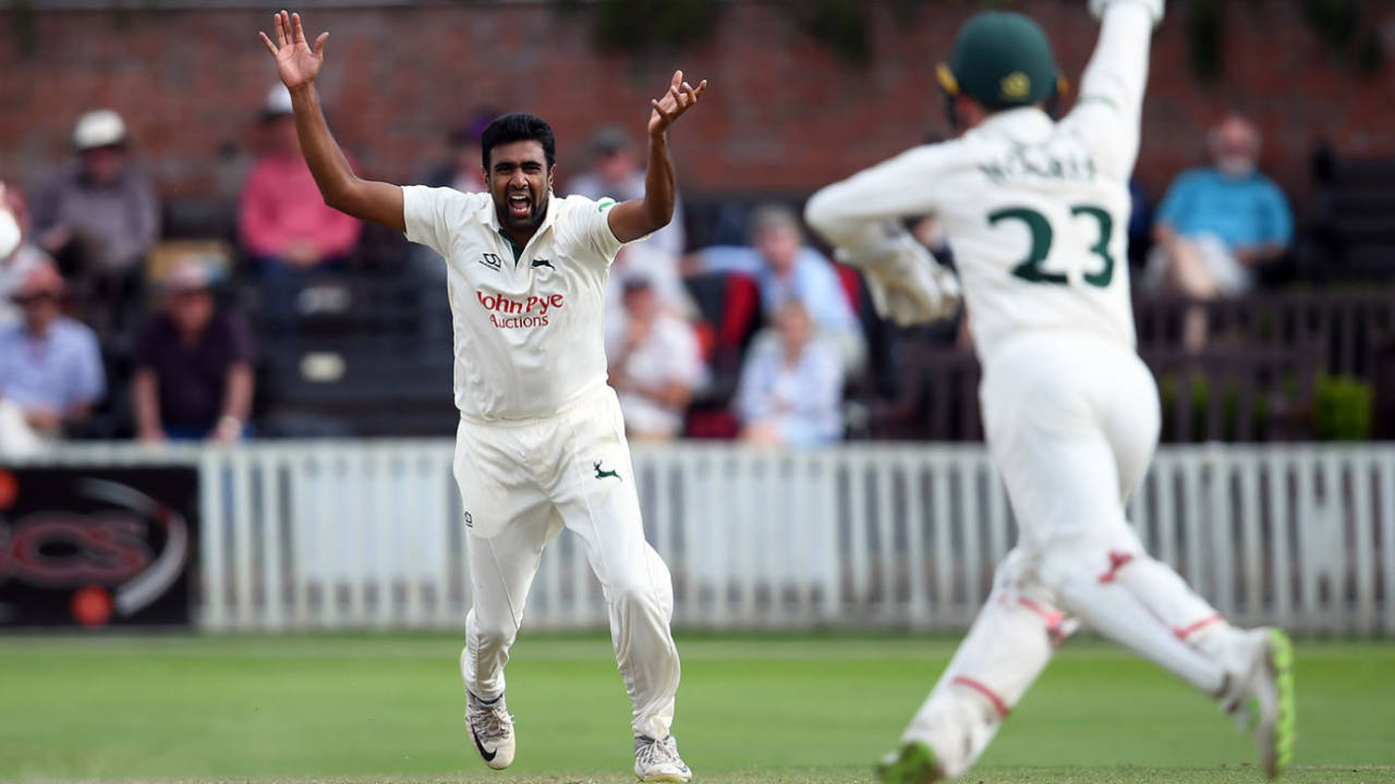 R Ashwin appeals for a leg-before chance, Somerset v Nottinghamshire, County Championship, 2nd day, July 8, 2019
