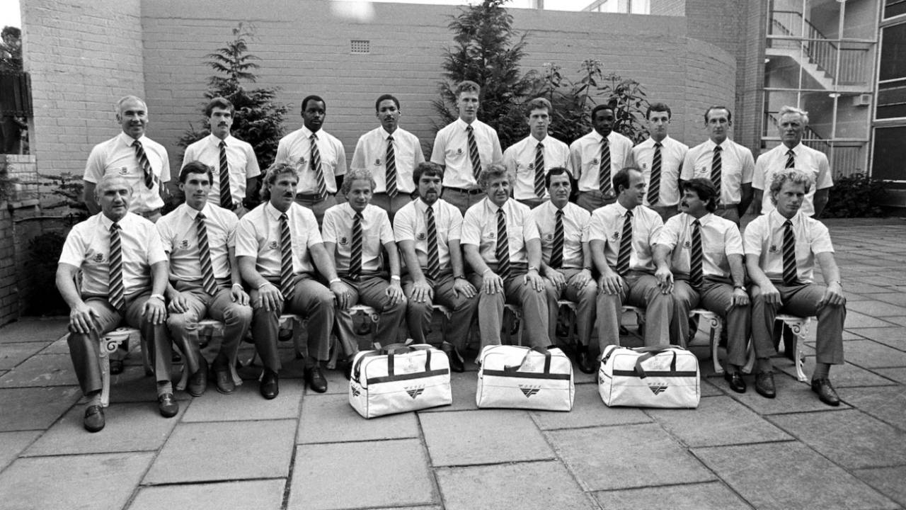 The England cricket team line up before leaving for Australia and the Ashes tour 1986/87, England, December 09, 1986