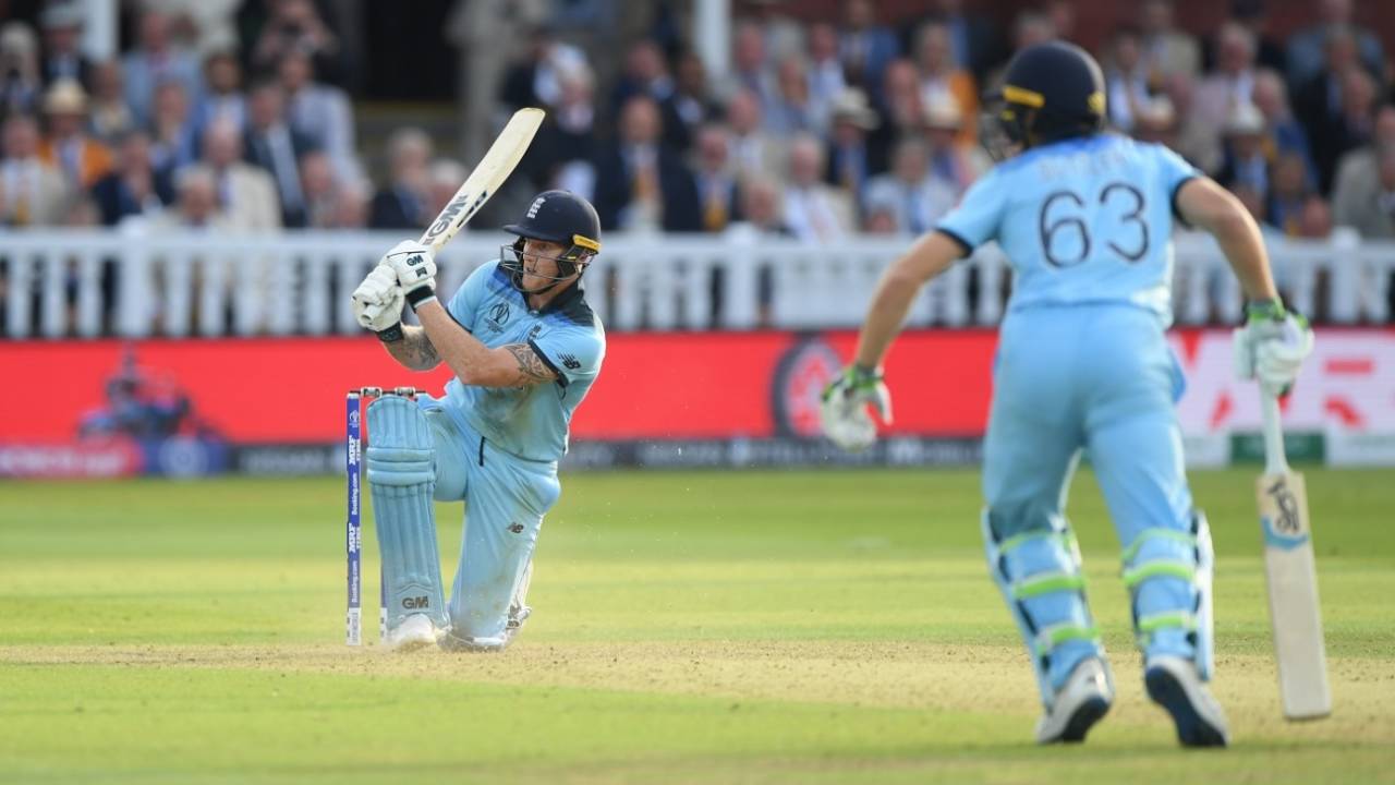 Ben Stokes and Jos Buttler add 15 runs in the Super Over, England v New Zealand, World Cup 2019, Lord's, July 14, 2019