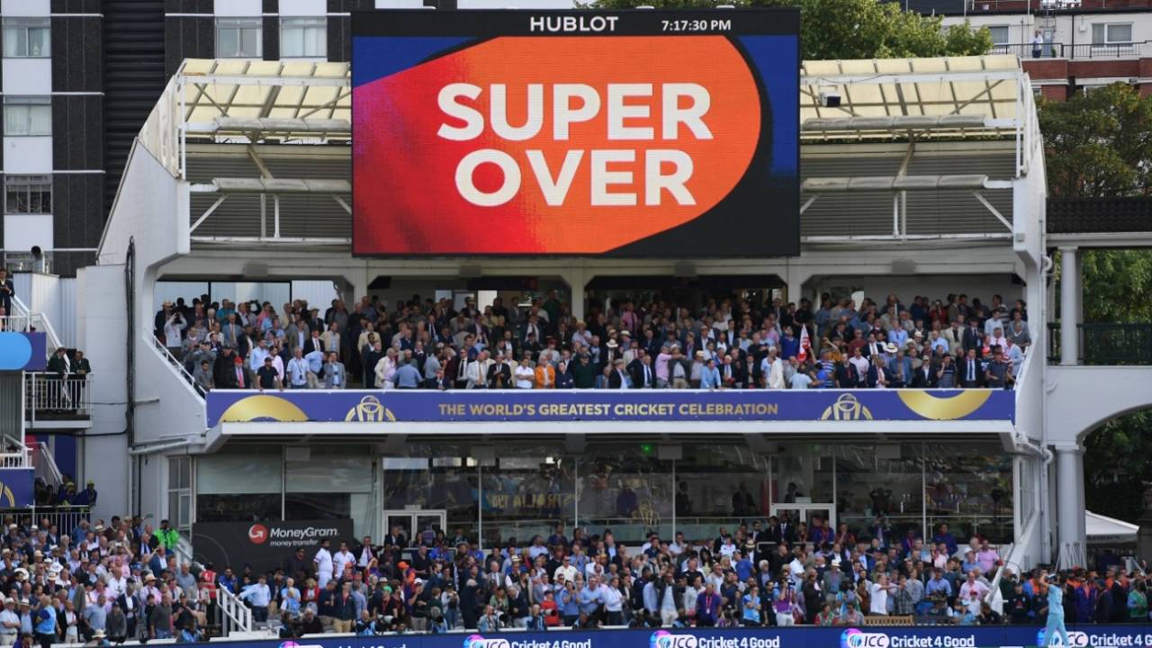A sign signals the game is going to a Super Over, England v New Zealand, World Cup 2019, Lord's, July 14, 2019