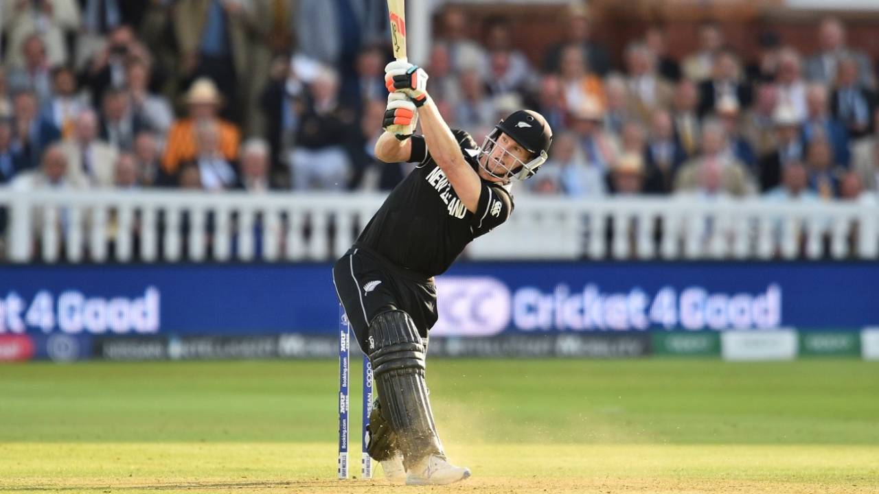 Jimmy Neesham smashes a six in the Super Over, England v New Zealand, World Cup 2019, Lord's, July 14, 2019