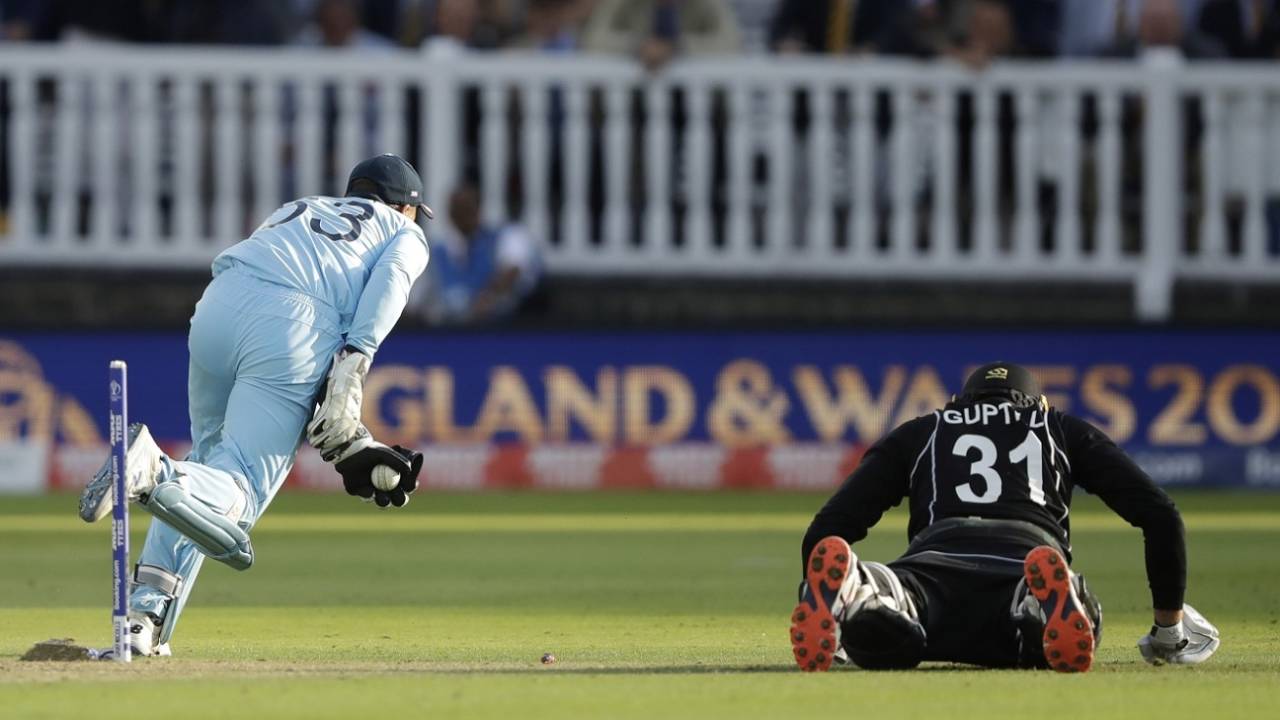 Martin Guptill falls short of his crease as Jos Buttler runs him out to crown England champions, England v New Zealand, World Cup 2019, Lord's, July 14, 2019